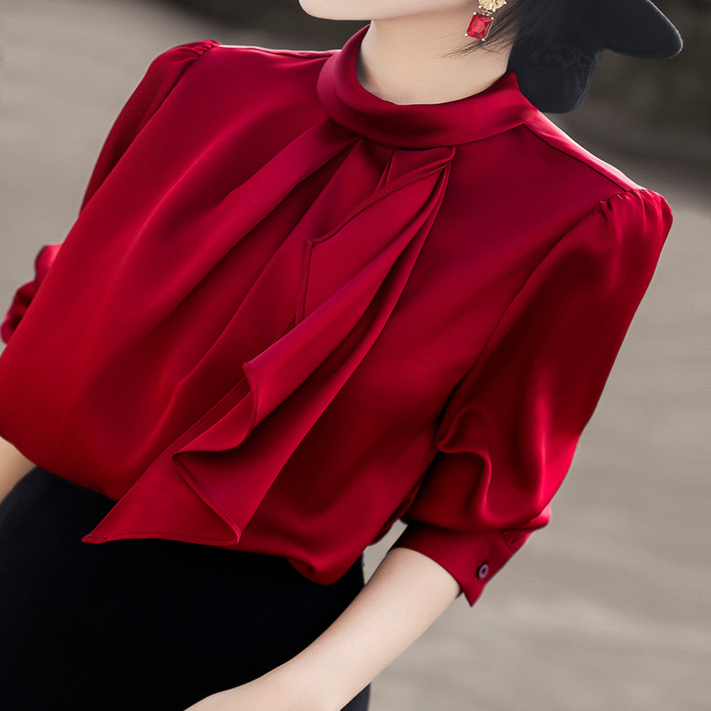 Lanser 2025 autumn new style temperament commuting simple ribbon stand up collar shirt long sleeved satin shirt top for women image 15