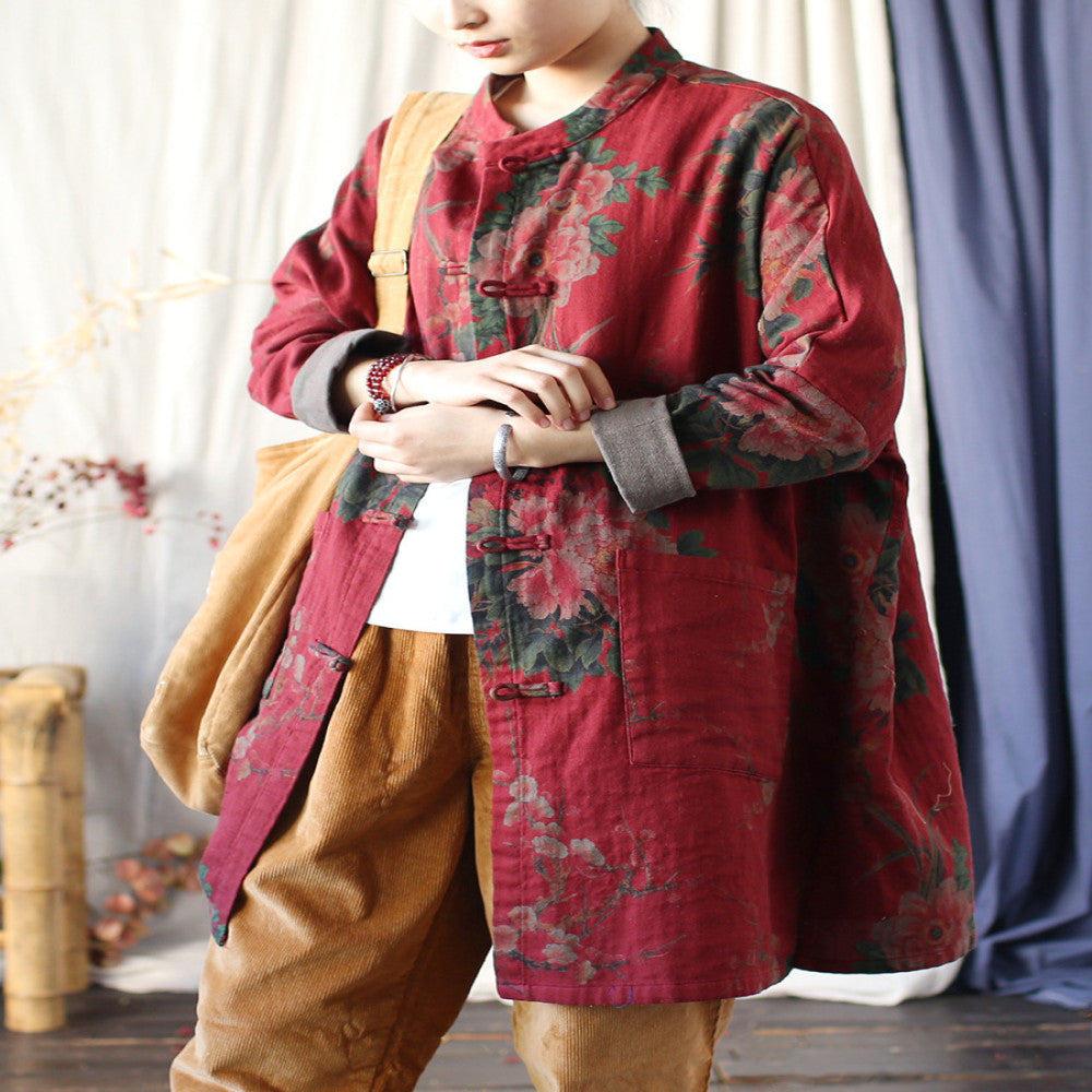 Spring and Autumn ethnic style women s mid to long length shirt top made of old stand up collar with buckle oversized loose long sleeved cardigan jacket image 2