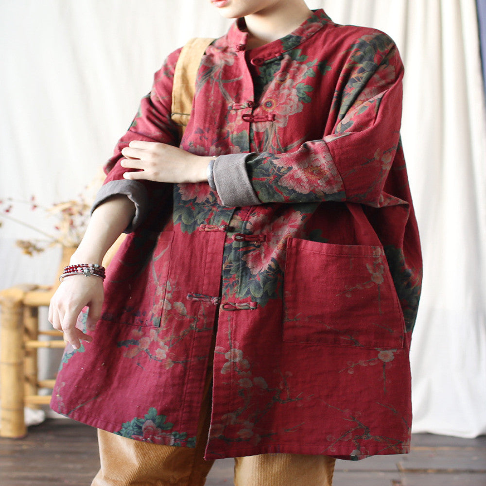 Spring and Autumn ethnic style women s mid to long length shirt top made of old stand up collar with buckle oversized loose long sleeved cardigan jacket image 4