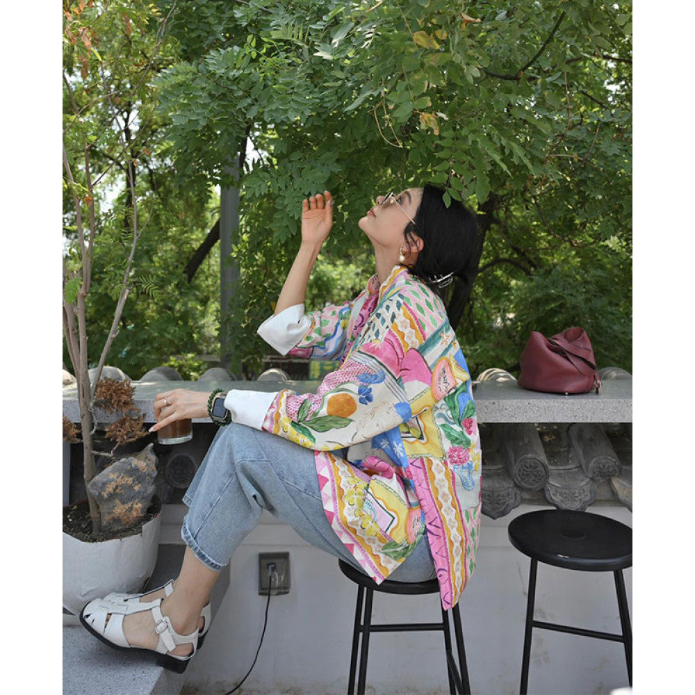 New Chinese style light Chinese style colorful oil painting long sleeved button down shirt top for women s early autumn new dopamine shirt jacket image 2