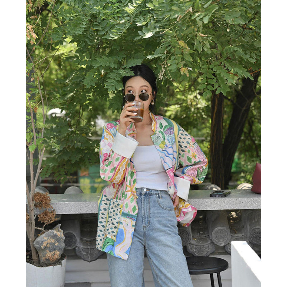 New Chinese style light Chinese style colorful oil painting long sleeved button down shirt top for women s early autumn new dopamine shirt jacket image 3