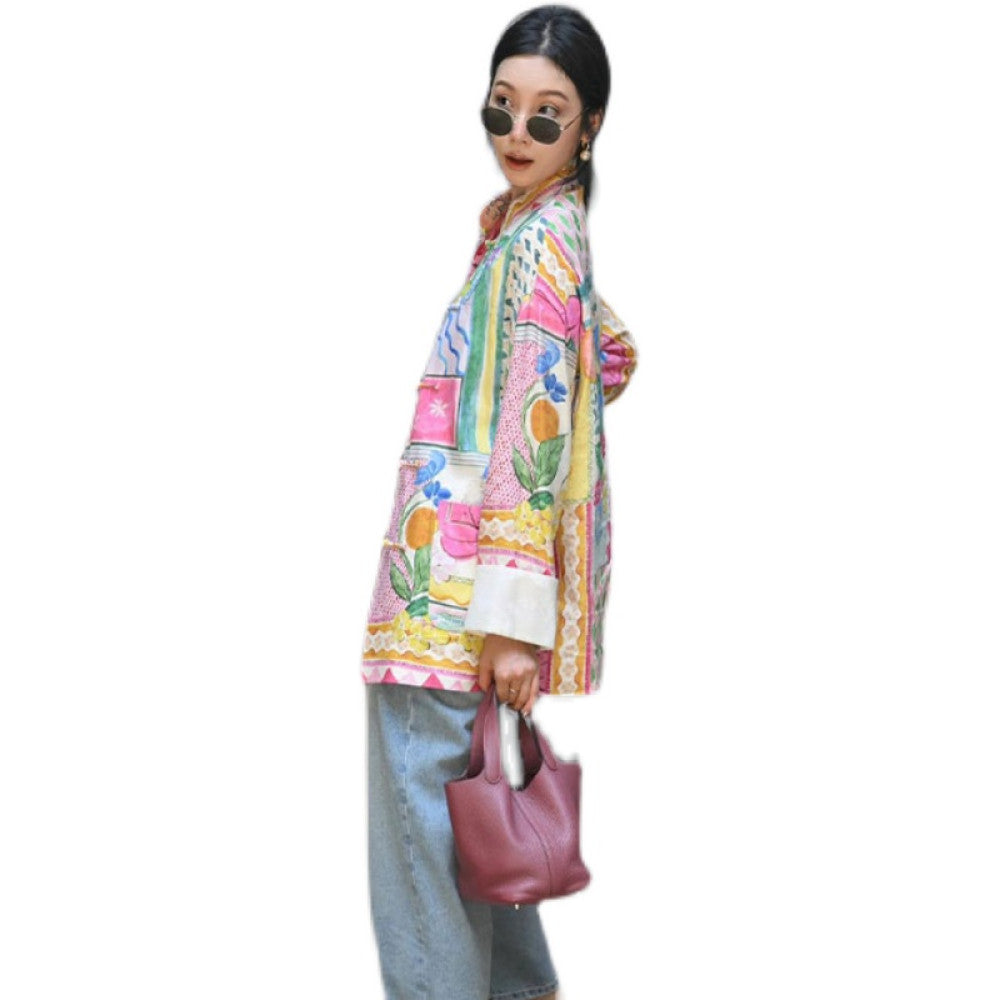New Chinese style light Chinese style colorful oil painting long sleeved button down shirt top for women s early autumn new dopamine shirt jacket image 5