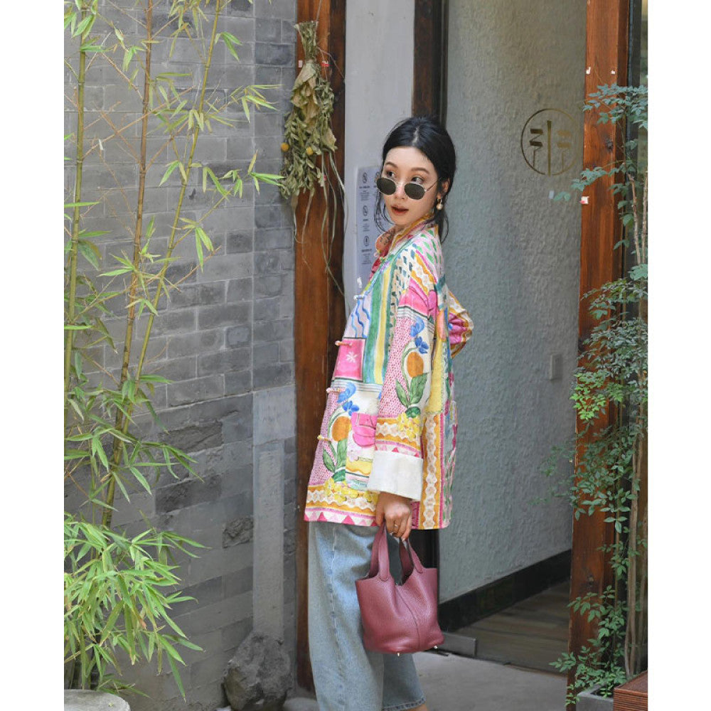 New Chinese style light Chinese style colorful oil painting long sleeved button down shirt top for women s early autumn new dopamine shirt jacket image 14