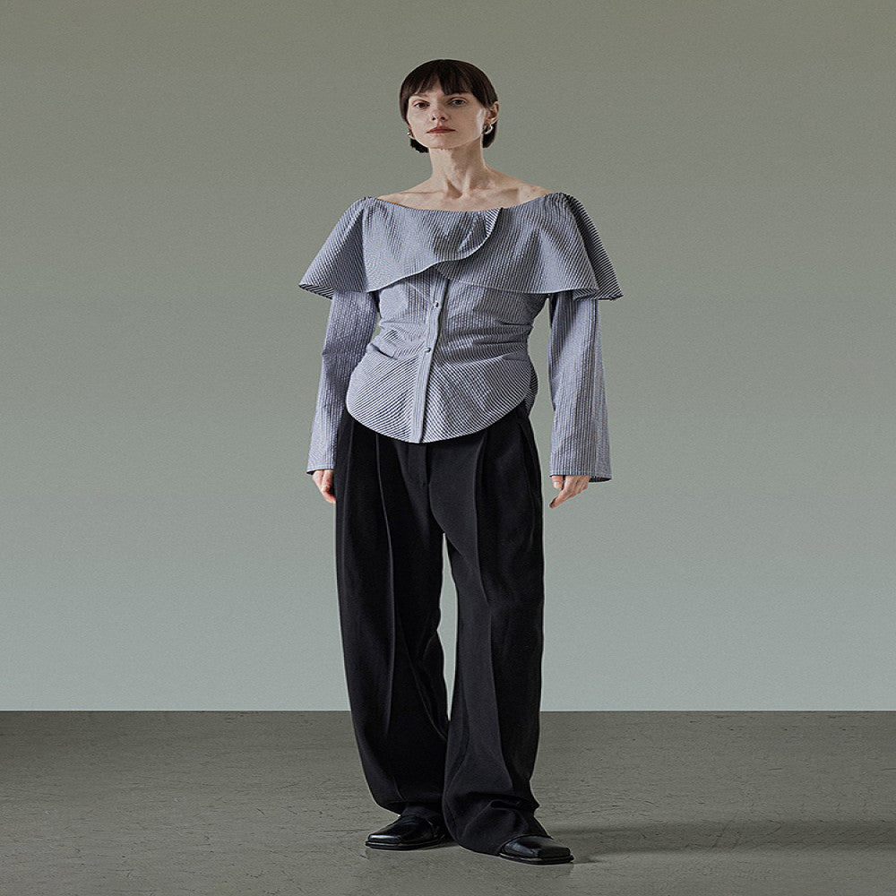 UNSPOKEN One Shoulder Lace Striped Shirt for Women Autumn 2025 New Collection High End Waist Style Long Sleeve Top image 2