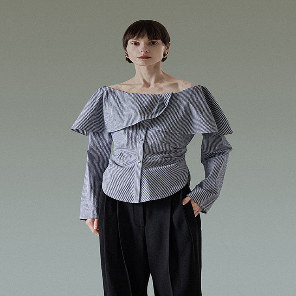 UNSPOKEN One Shoulder Lace Striped Shirt for Women Autumn 2025 New Collection High End Waist Style Long Sleeve Top image 3