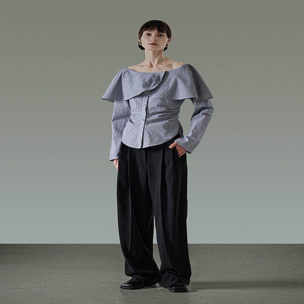 UNSPOKEN One Shoulder Lace Striped Shirt for Women Autumn 2025 New Collection High End Waist Style Long Sleeve Top image 4