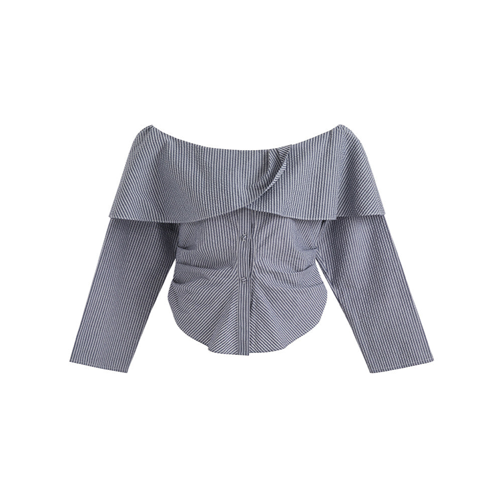 UNSPOKEN One Shoulder Lace Striped Shirt for Women Autumn 2025 New Collection High End Waist Style Long Sleeve Top image 5