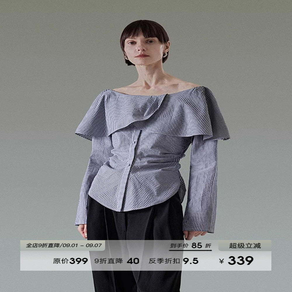 UNSPOKEN One Shoulder Lace Striped Shirt for Women Autumn 2025 New Collection High End Waist Style Long Sleeve Top image 0