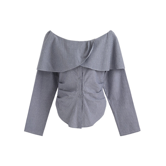 ASAYA4297 - Elegance Stripped Lace One-Shoulder Blouse 🤍✨