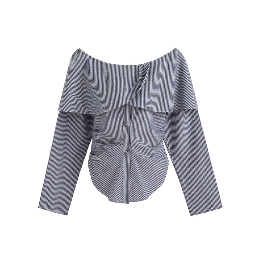 UNSPOKEN One Shoulder Lace Striped Shirt for Women Autumn 2025 New Collection High End Waist Style Long Sleeve Top image 14