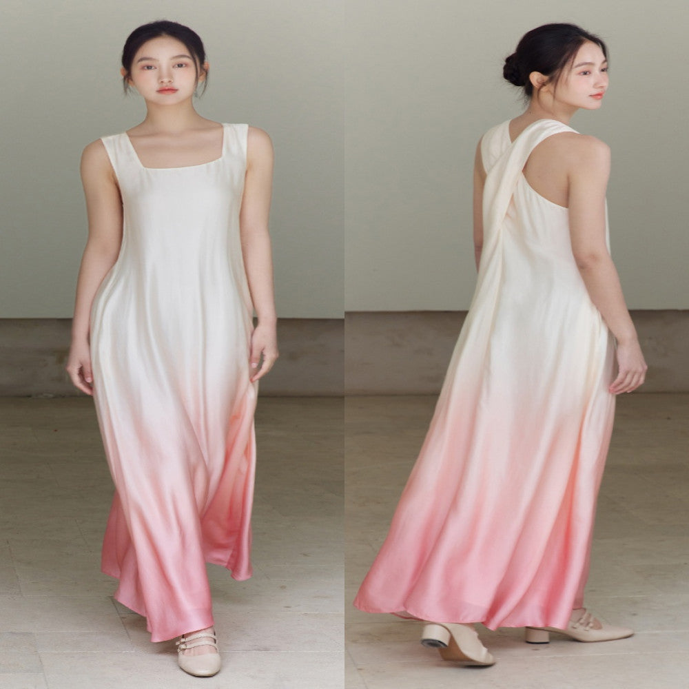 Customized peach color gradient printed slim fit lotus sleeveless dress image 0