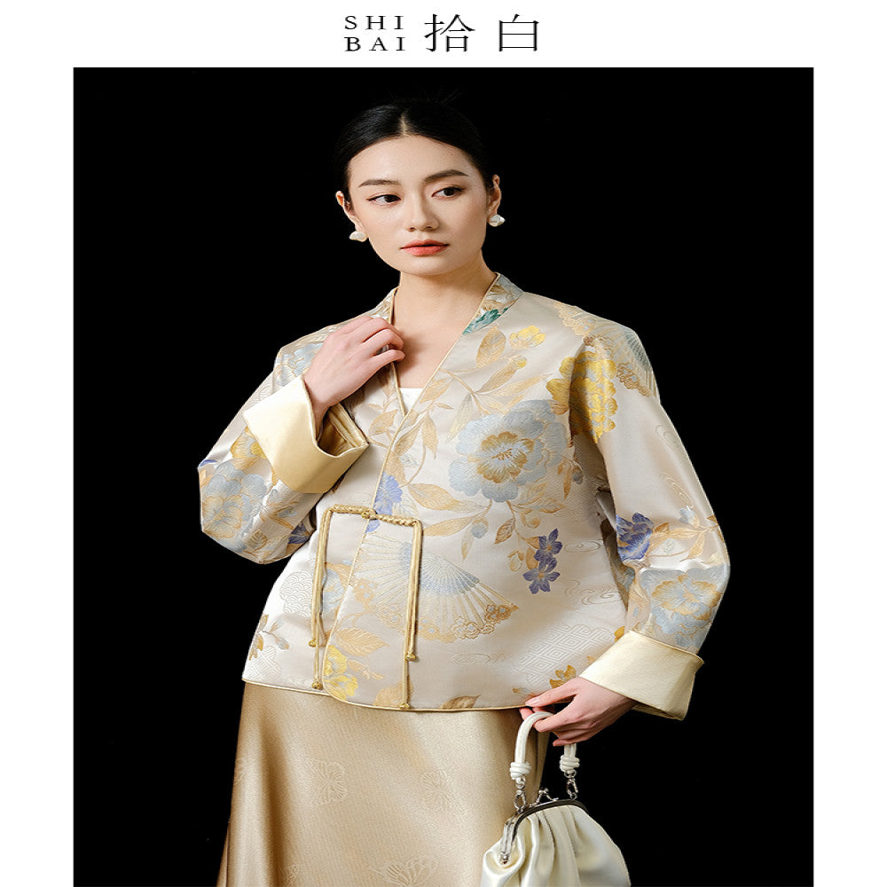 SHIBAI Pick up White Peony Charm New Chinese Style High end Imitation Song Jinchun New Women s Temperament Cross neck Short Coat image 15
