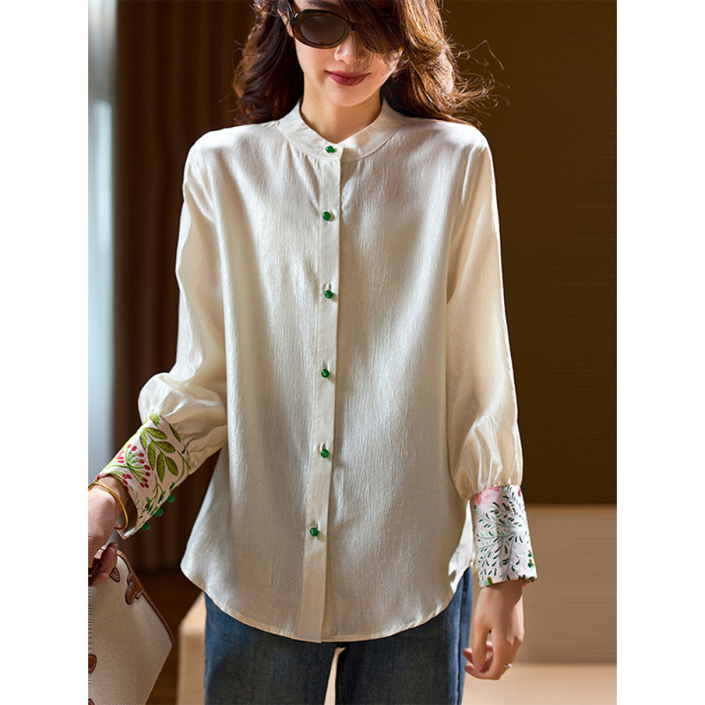 Plain wood retro jacquard spliced chiffon shirt for women s early autumn 2025 new plus size shirt European style women s clothing image 10