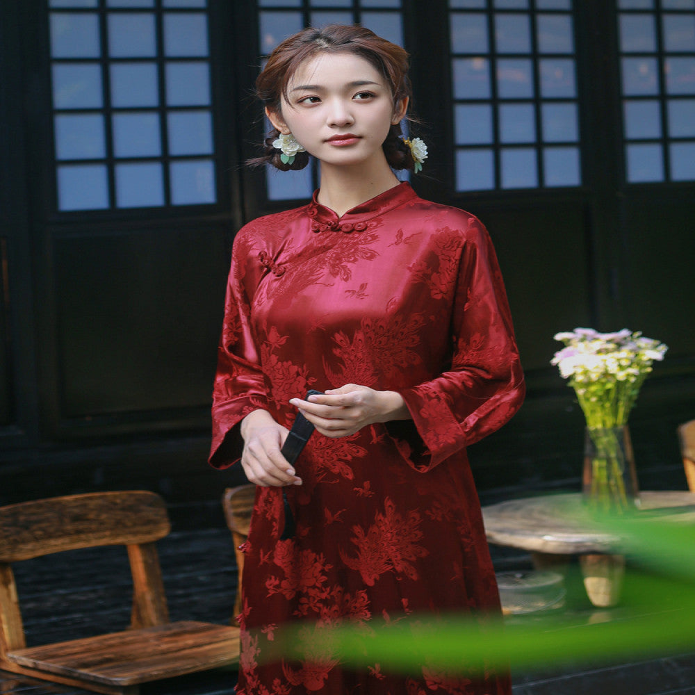 Acetic acid satin high end cheongsam can be worn for engagement dresses new Chinese style dresses women s temperament tea dresses and skirts image 2