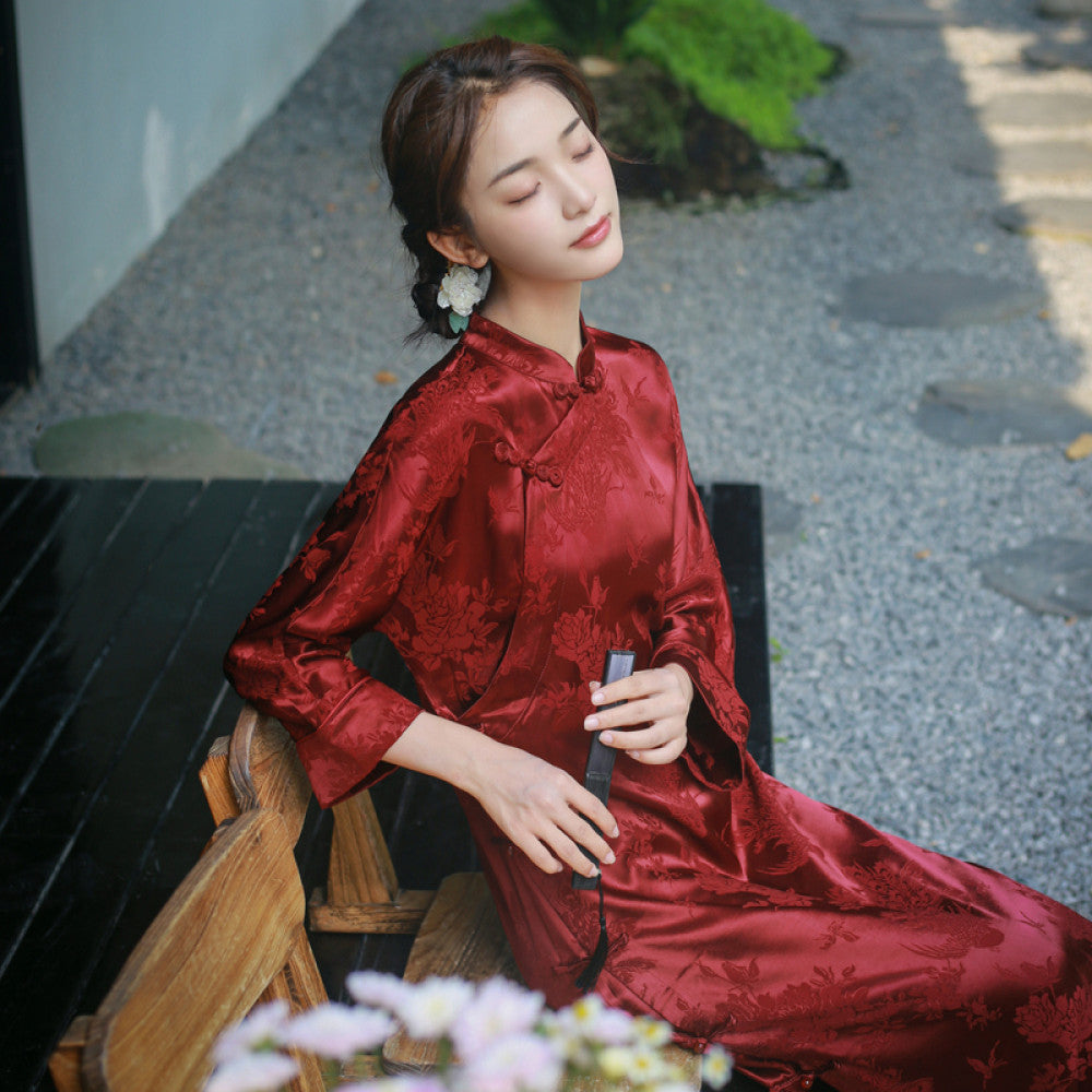 Acetic acid satin high end cheongsam can be worn for engagement dresses new Chinese style dresses women s temperament tea dresses and skirts image 7