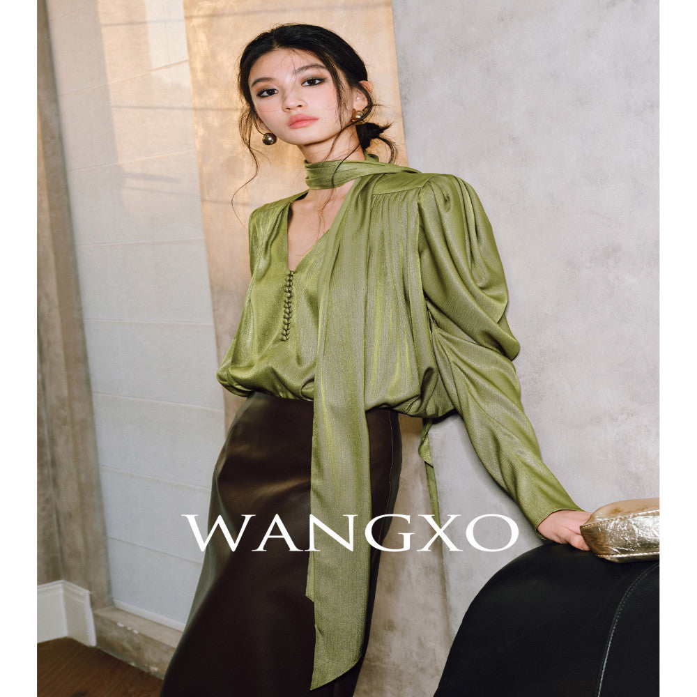 WANGXO Satin Shiny Silk Adornment Renaissance Art Sheepsleep Sleeves with Soft V neck Ribbon Shirt image 2