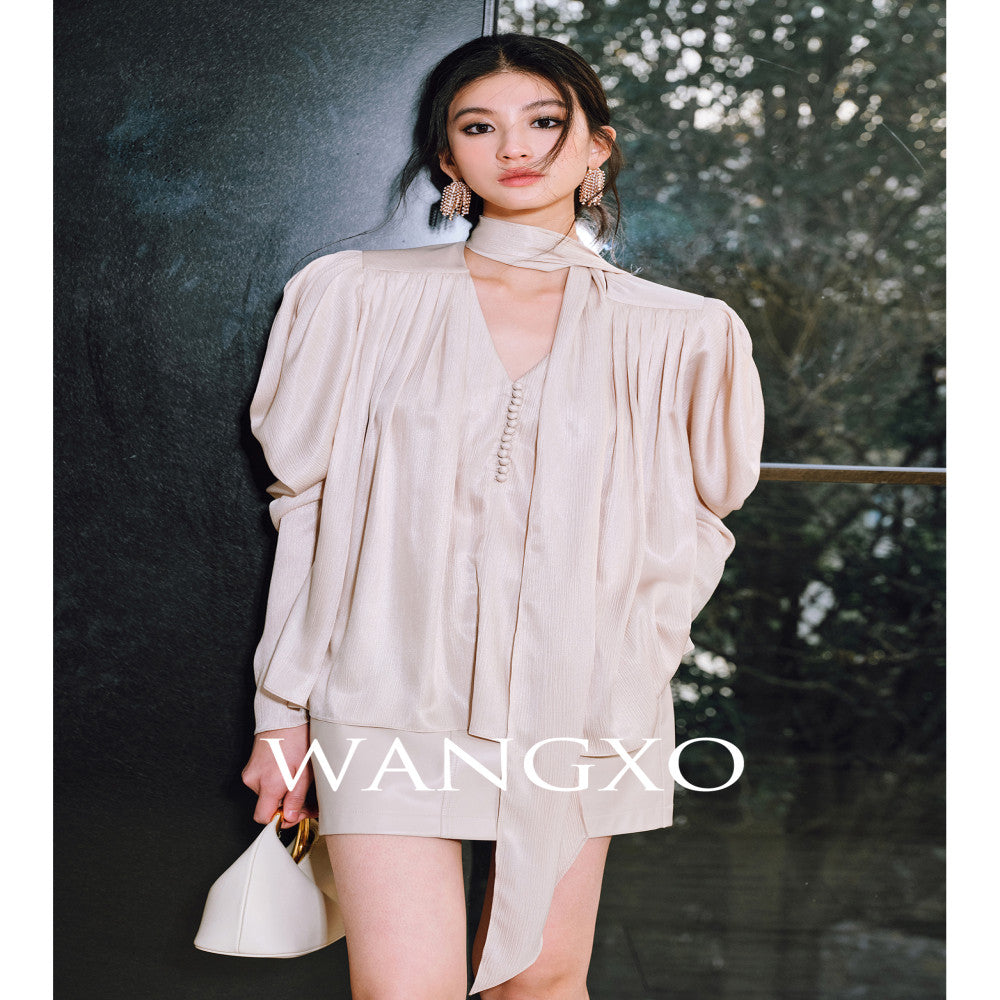 WANGXO Satin Shiny Silk Adornment Renaissance Art Sheepsleep Sleeves with Soft V neck Ribbon Shirt image 3