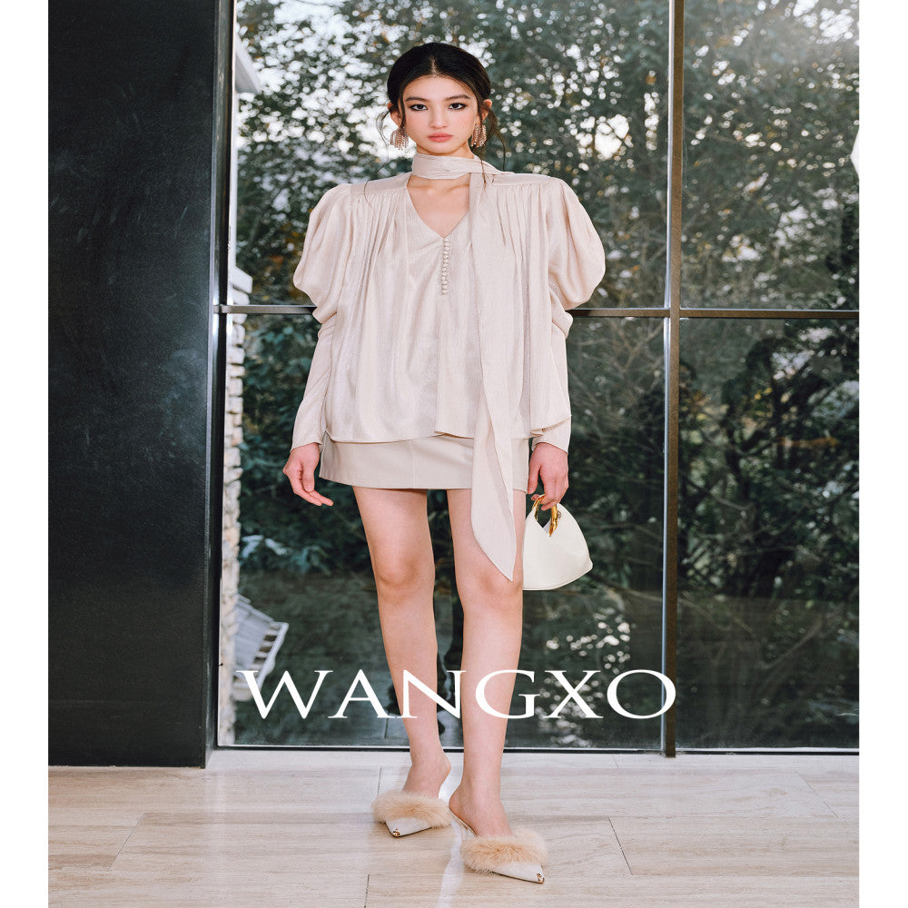 WANGXO Satin Shiny Silk Adornment Renaissance Art Sheepsleep Sleeves with Soft V neck Ribbon Shirt image 4