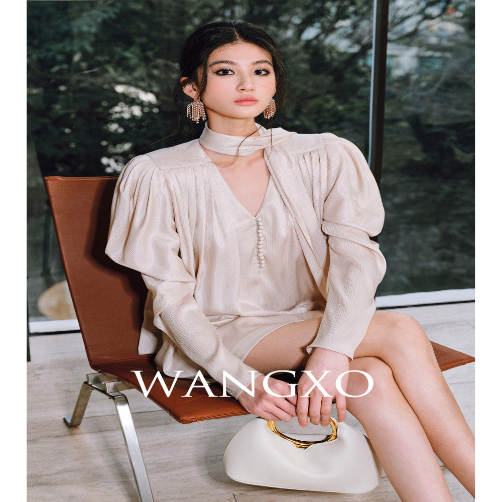 WANGXO Satin Shiny Silk Adornment Renaissance Art Sheepsleep Sleeves with Soft V neck Ribbon Shirt image 5