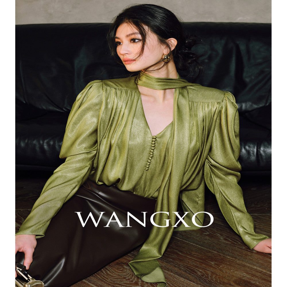 WANGXO Satin Shiny Silk Adornment Renaissance Art Sheepsleep Sleeves with Soft V neck Ribbon Shirt image 0