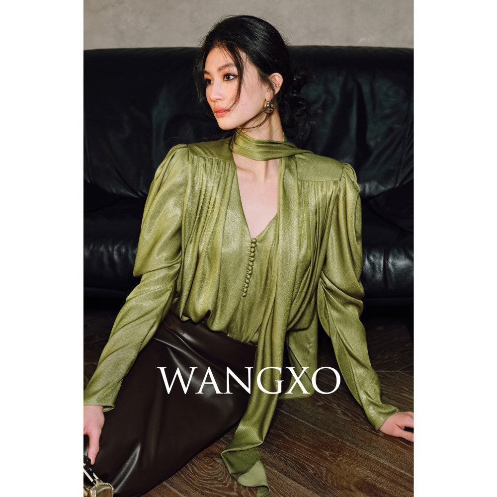 WANGXO Satin Shiny Silk Adornment Renaissance Art Sheepsleep Sleeves with Soft V neck Ribbon Shirt image 11