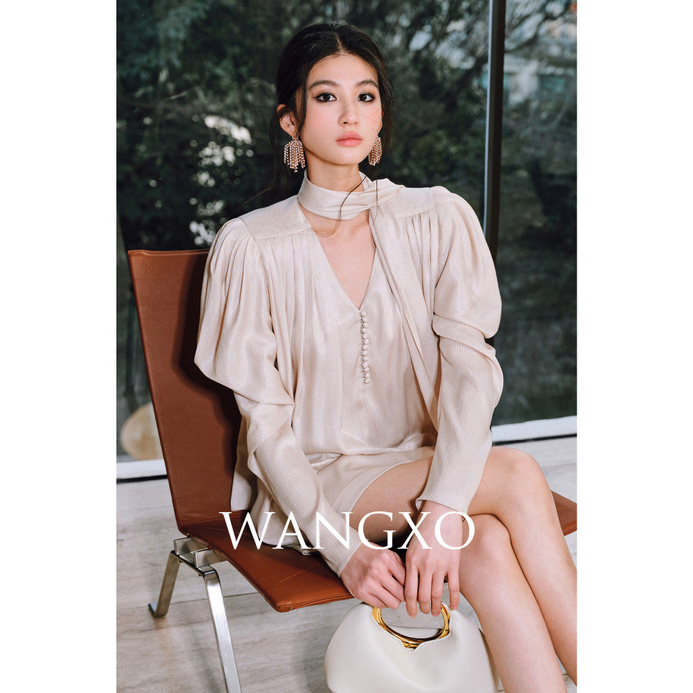 WANGXO Satin Shiny Silk Adornment Renaissance Art Sheepsleep Sleeves with Soft V neck Ribbon Shirt image 17