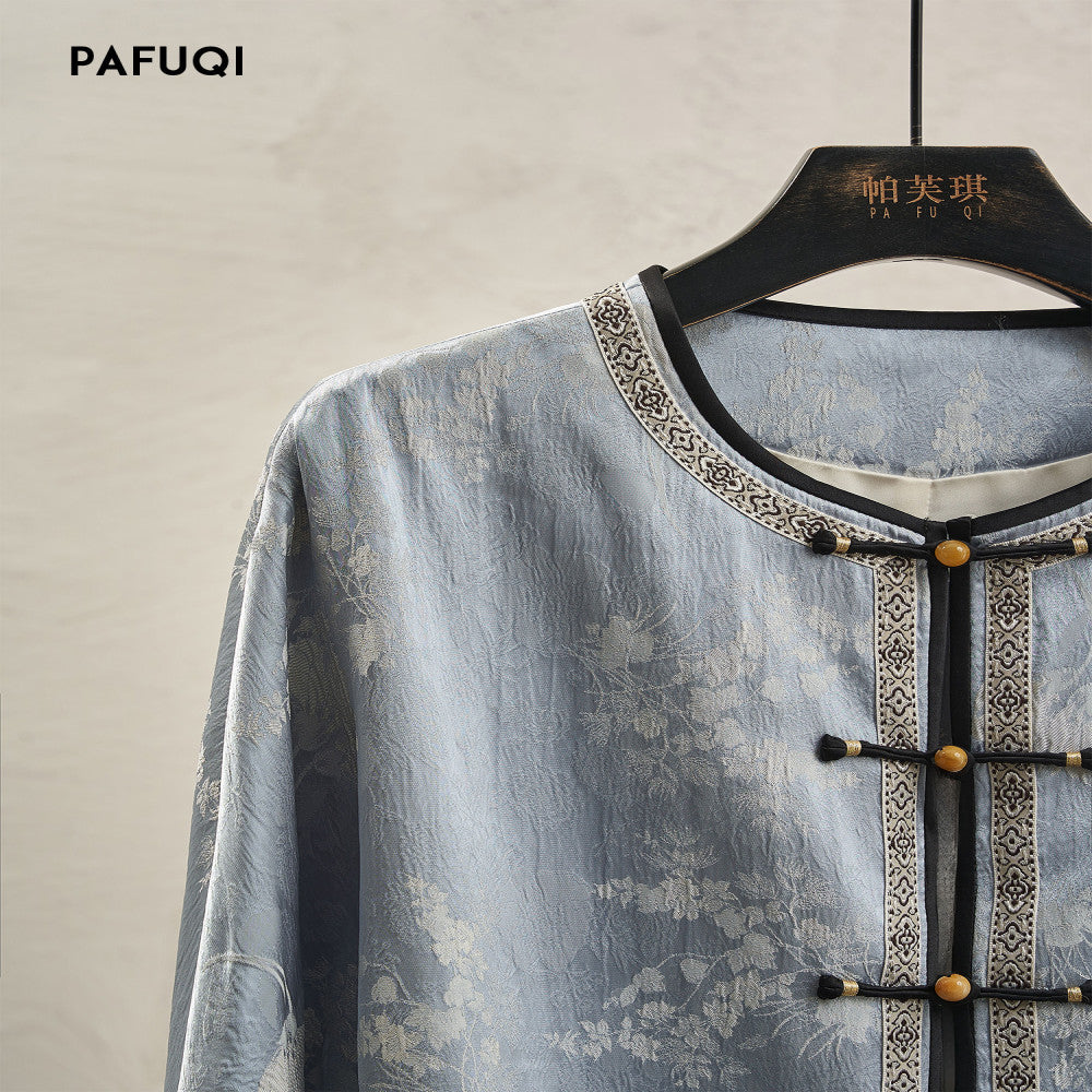 Gentle and elegant new Chinese style plate embroidery top blue satin plate buckle jacket high end Chinese style women s clothing 2025 new style image 2