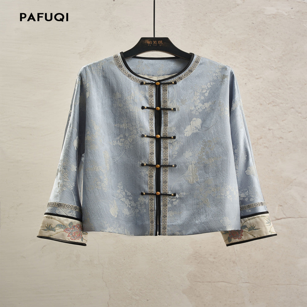 Gentle and elegant new Chinese style plate embroidery top blue satin plate buckle jacket high end Chinese style women s clothing 2025 new style image 5