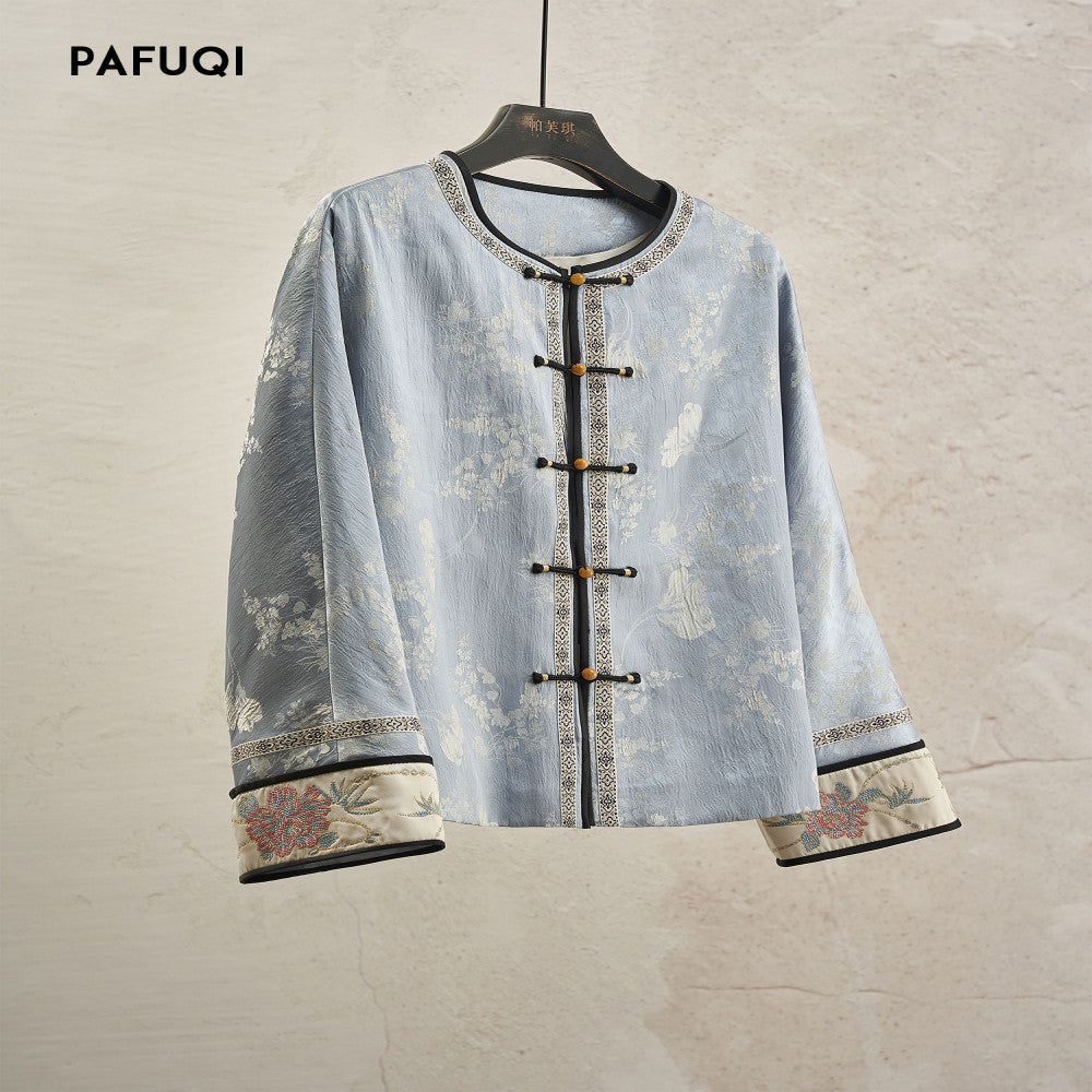 Gentle and elegant new Chinese style plate embroidery top blue satin plate buckle jacket high end Chinese style women s clothing 2025 new style image 0