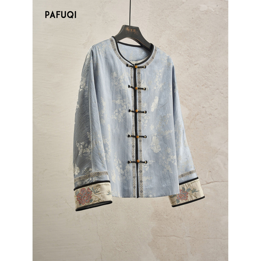Gentle and elegant new Chinese style plate embroidery top blue satin plate buckle jacket high end Chinese style women s clothing 2025 new style image 10