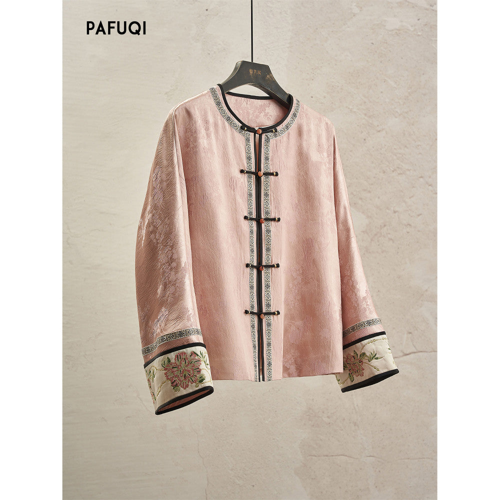 Gentle and elegant new Chinese style plate embroidery top blue satin plate buckle jacket high end Chinese style women s clothing 2025 new style image 19