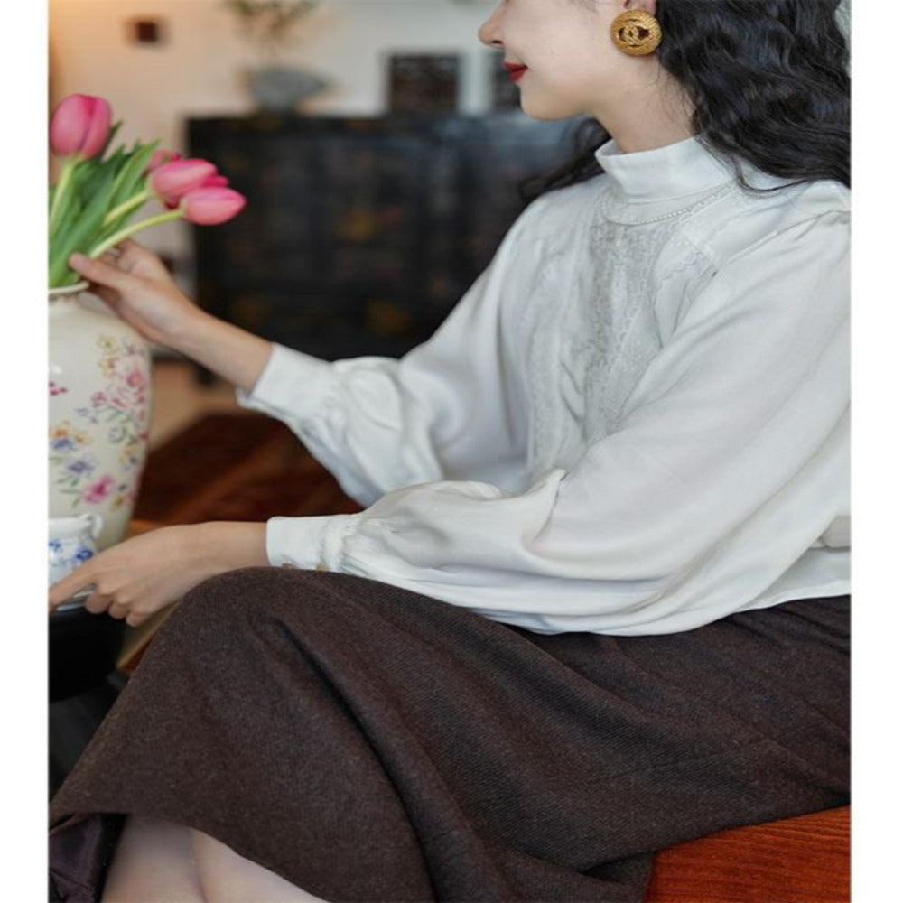 Chings vintage Edwardian style high neck top embroidered lace elastic waist lantern sleeve shirt image 2