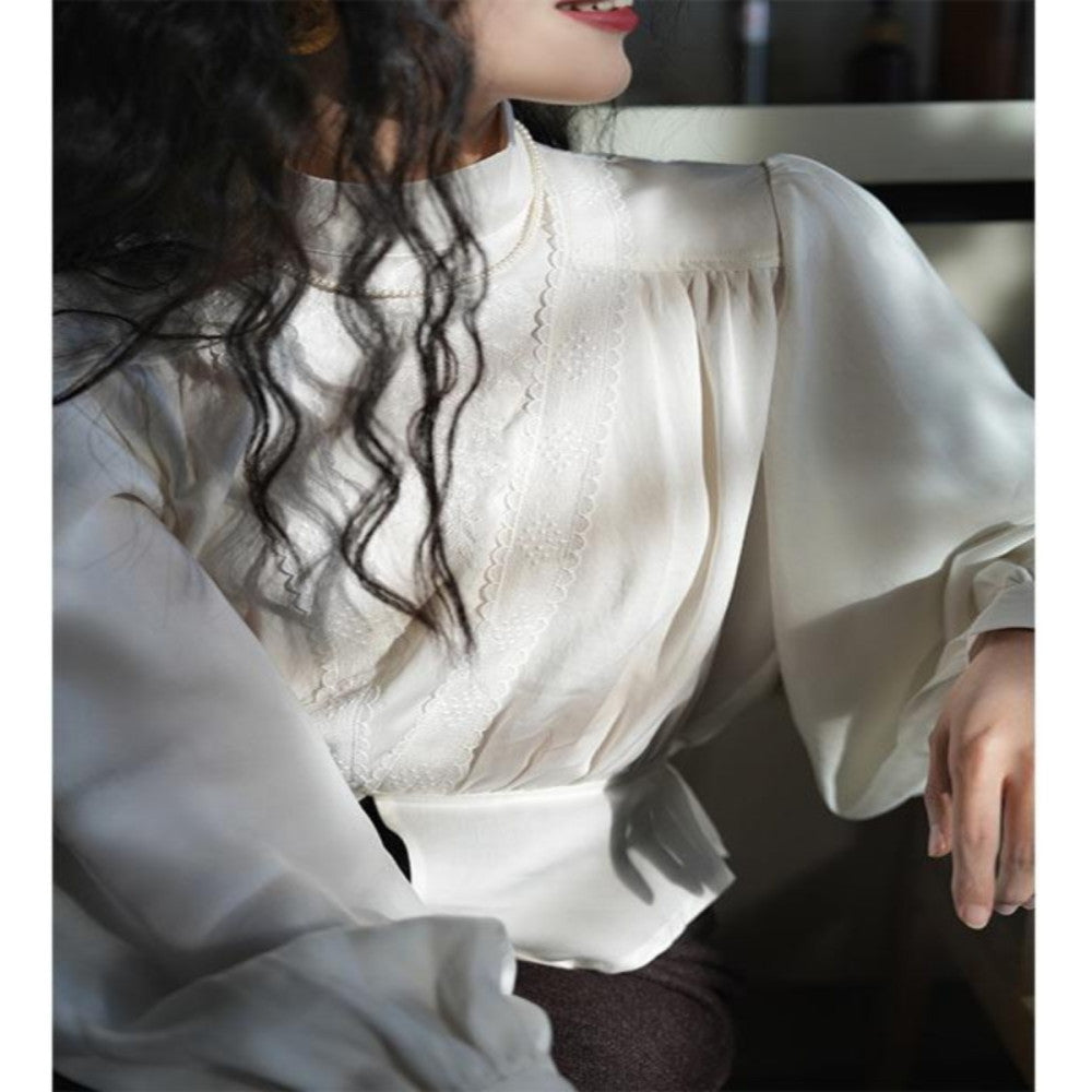 Chings vintage Edwardian style high neck top embroidered lace elastic waist lantern sleeve shirt image 3