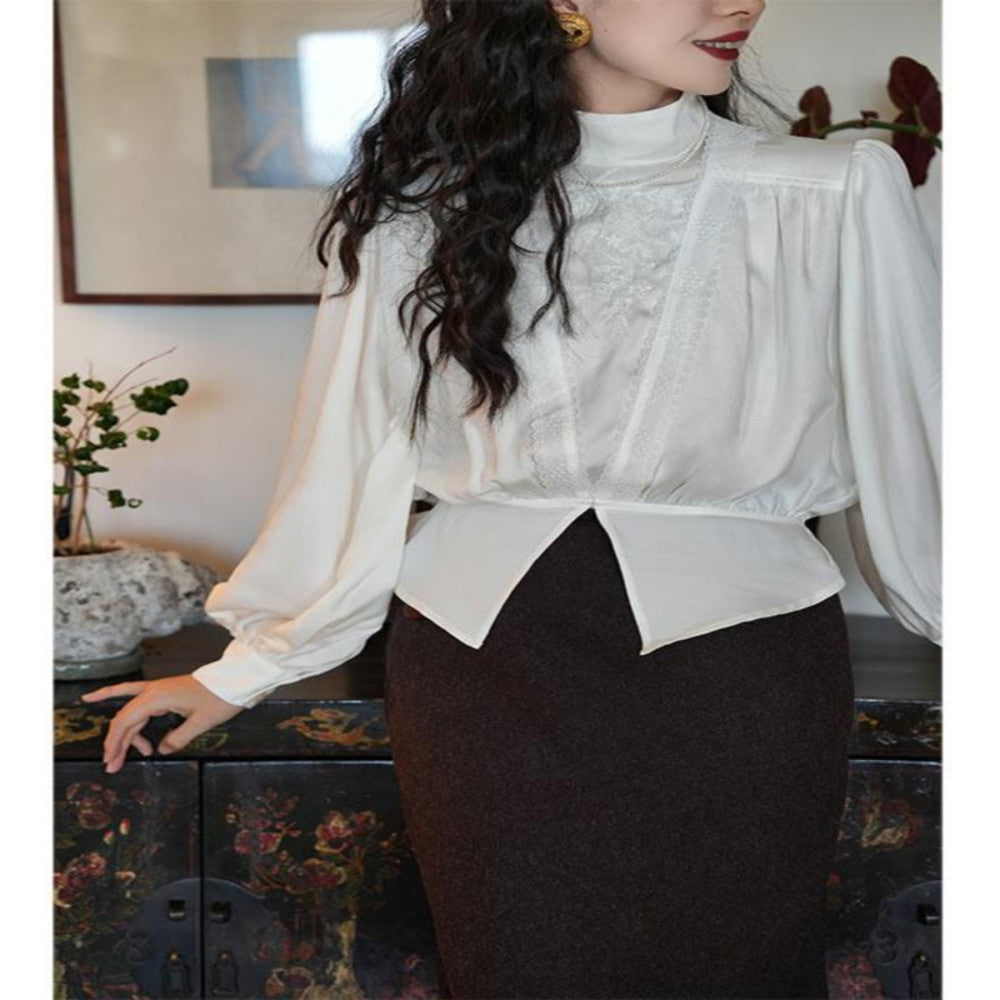 Chings vintage Edwardian style high neck top embroidered lace elastic waist lantern sleeve shirt image 5