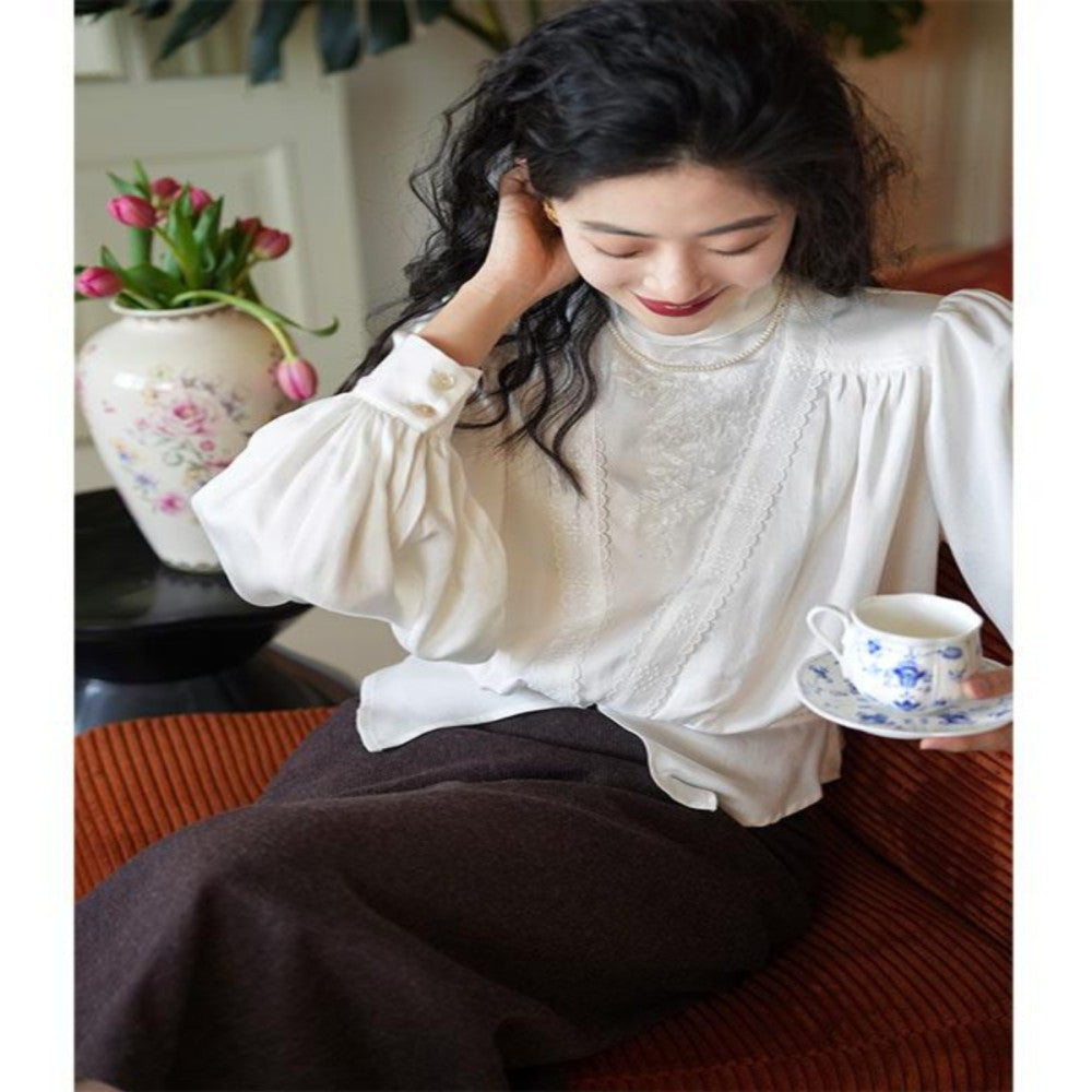 Chings vintage Edwardian style high neck top embroidered lace elastic waist lantern sleeve shirt image 0