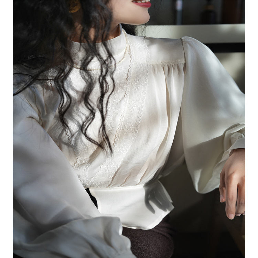 Chings vintage Edwardian style high neck top embroidered lace elastic waist lantern sleeve shirt image 9