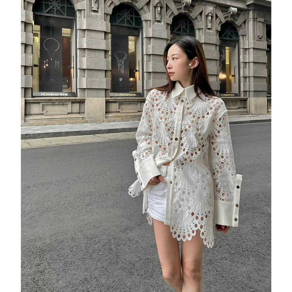 On the day of release Hong Kong style retro chic temperament white shirt for women autumn and winter hollow out loose mid length top image 3