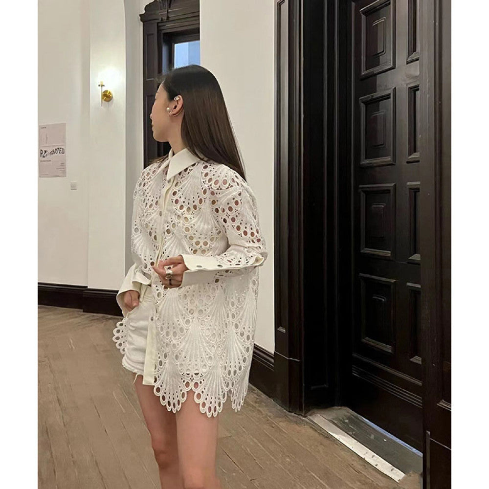 On the day of release Hong Kong style retro chic temperament white shirt for women autumn and winter hollow out loose mid length top image 4