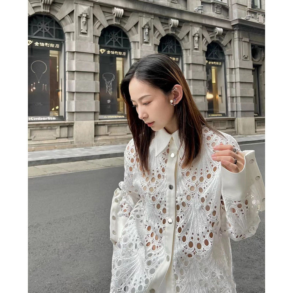 On the day of release Hong Kong style retro chic temperament white shirt for women autumn and winter hollow out loose mid length top image 5