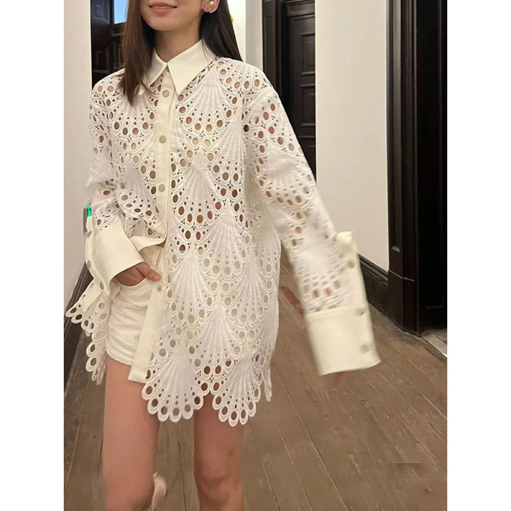 On the day of release Hong Kong style retro chic temperament white shirt for women autumn and winter hollow out loose mid length top image 0