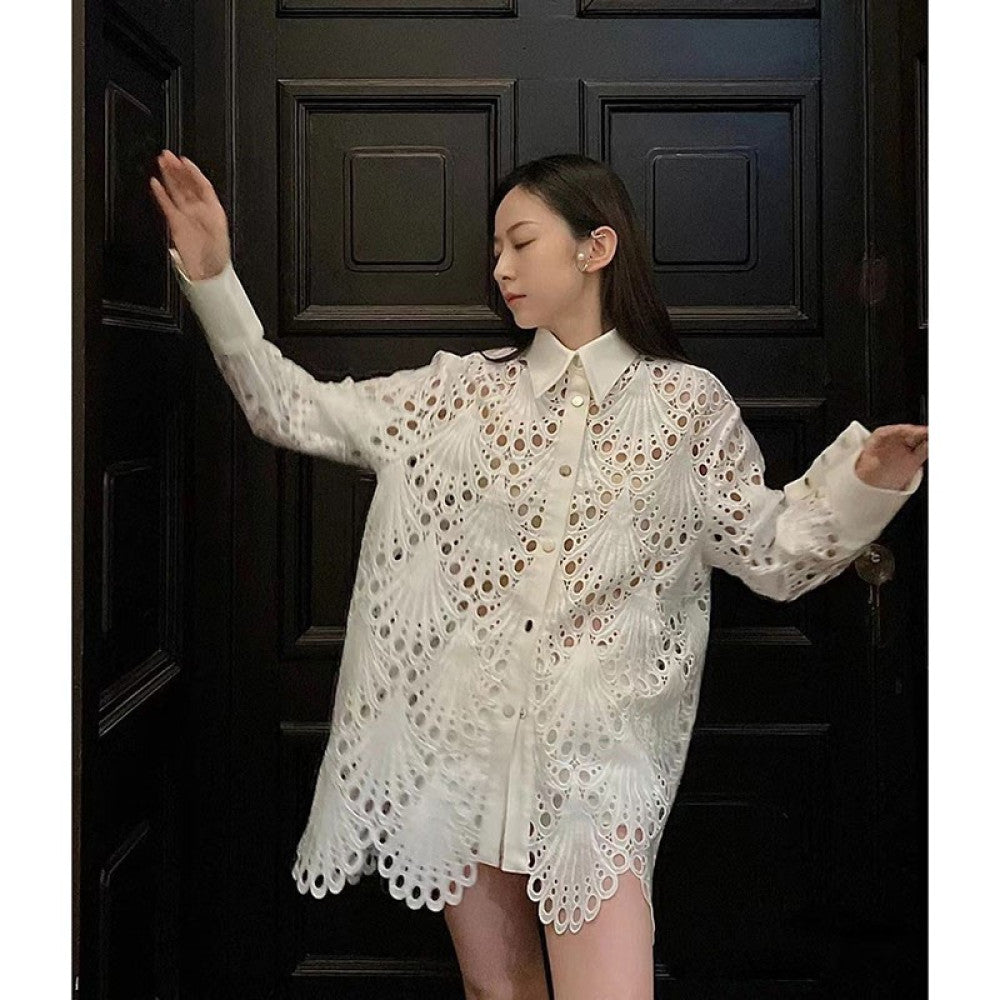 On the day of release Hong Kong style retro chic temperament white shirt for women autumn and winter hollow out loose mid length top image 9