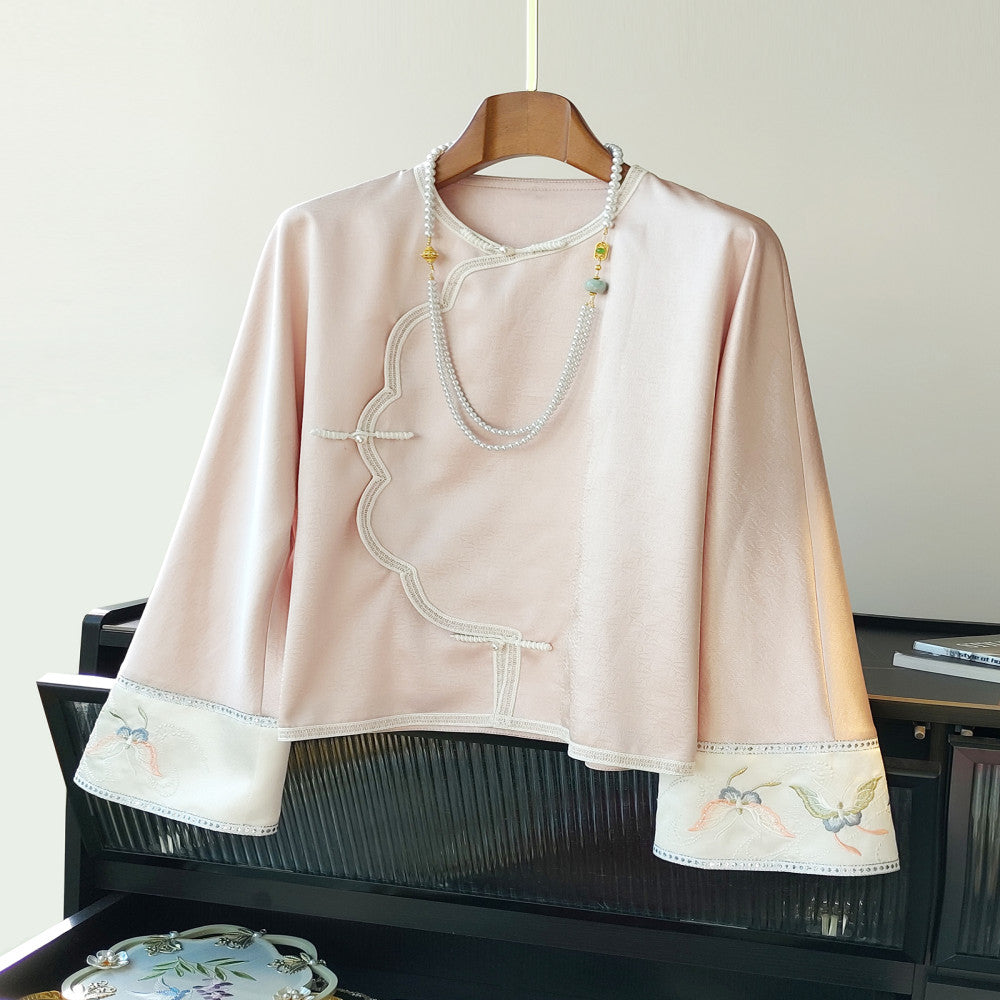 Chinese style buckle retro Han element top for women s spring clothing original design vinegar jacquard embroidered loose Chinese style shirt image 1