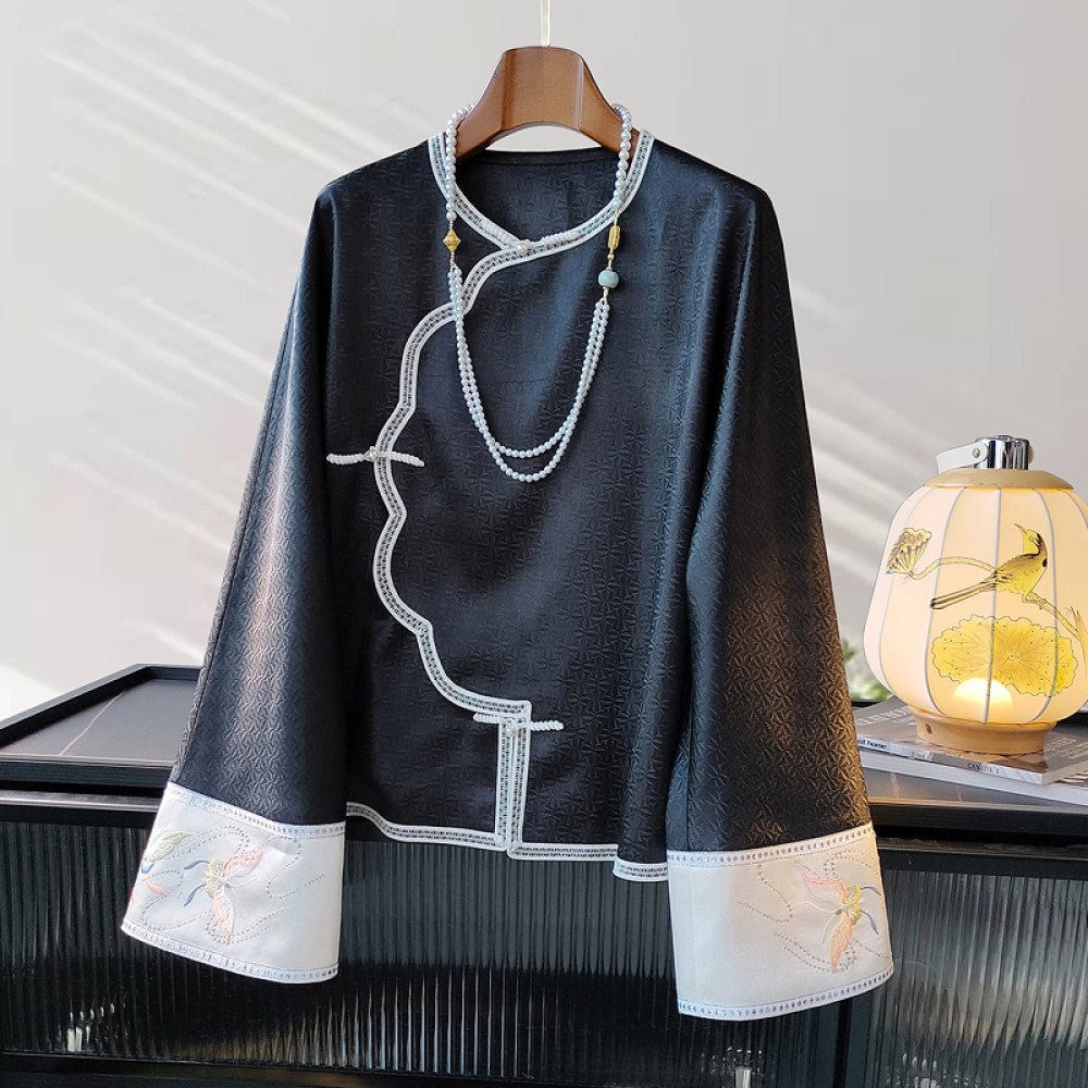 Chinese style buckle retro Han element top for women s spring clothing original design vinegar jacquard embroidered loose Chinese style shirt image 12