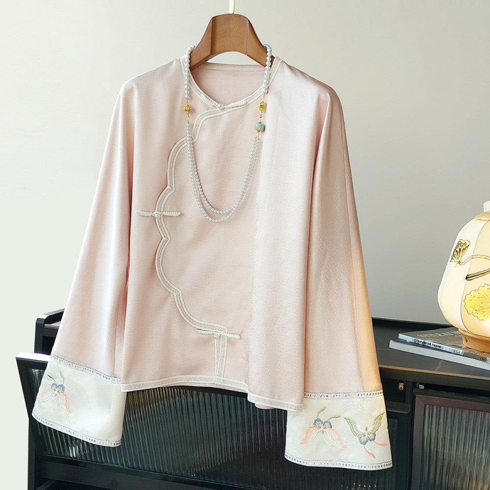 Chinese style buckle retro Han element top for women s spring clothing original design vinegar jacquard embroidered loose Chinese style shirt image 17