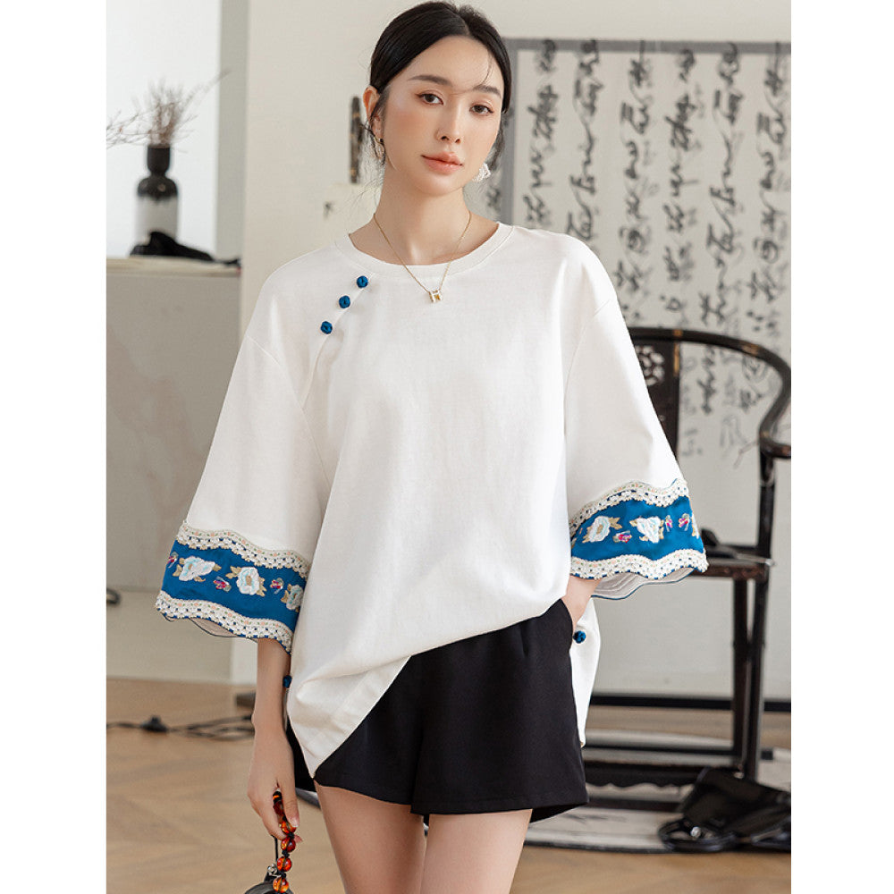 New Chinese style round neck cotton T shirt top with a female design sense niche casual loose fit Chinese style embroidered five quarter sleeve shirt image 12