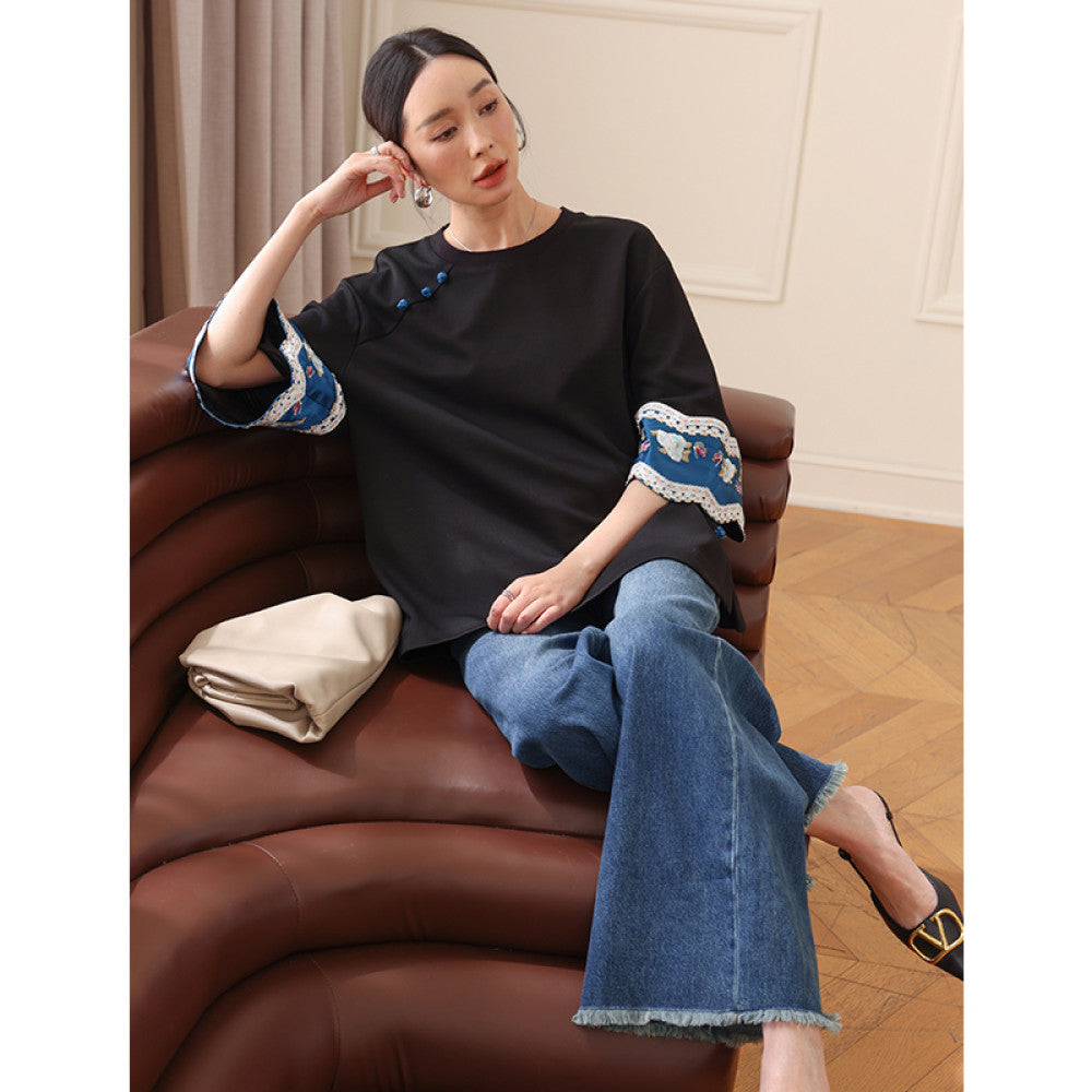 New Chinese style round neck cotton T shirt top with a female design sense niche casual loose fit Chinese style embroidered five quarter sleeve shirt image 24