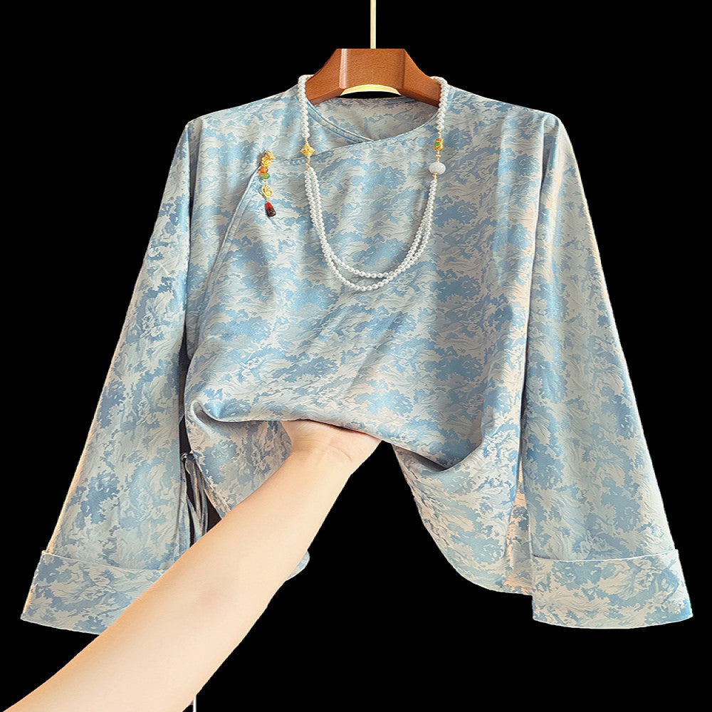 Blue trendy new Chinese style silk shirt with long sleeved women s design retro slanted collar and buckle Chinese style mulberry silk top image 1