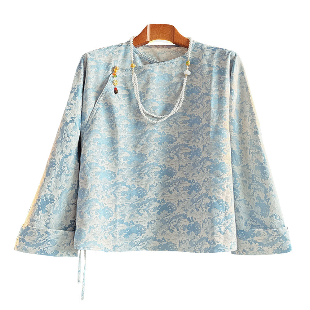 Blue trendy new Chinese style silk shirt with long sleeved women s design retro slanted collar and buckle Chinese style mulberry silk top image 5