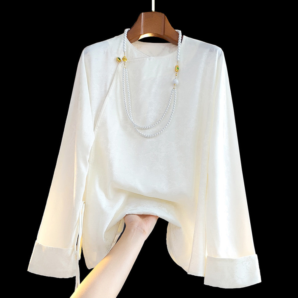 Blue trendy new Chinese style silk shirt with long sleeved women s design retro slanted collar and buckle Chinese style mulberry silk top image 11