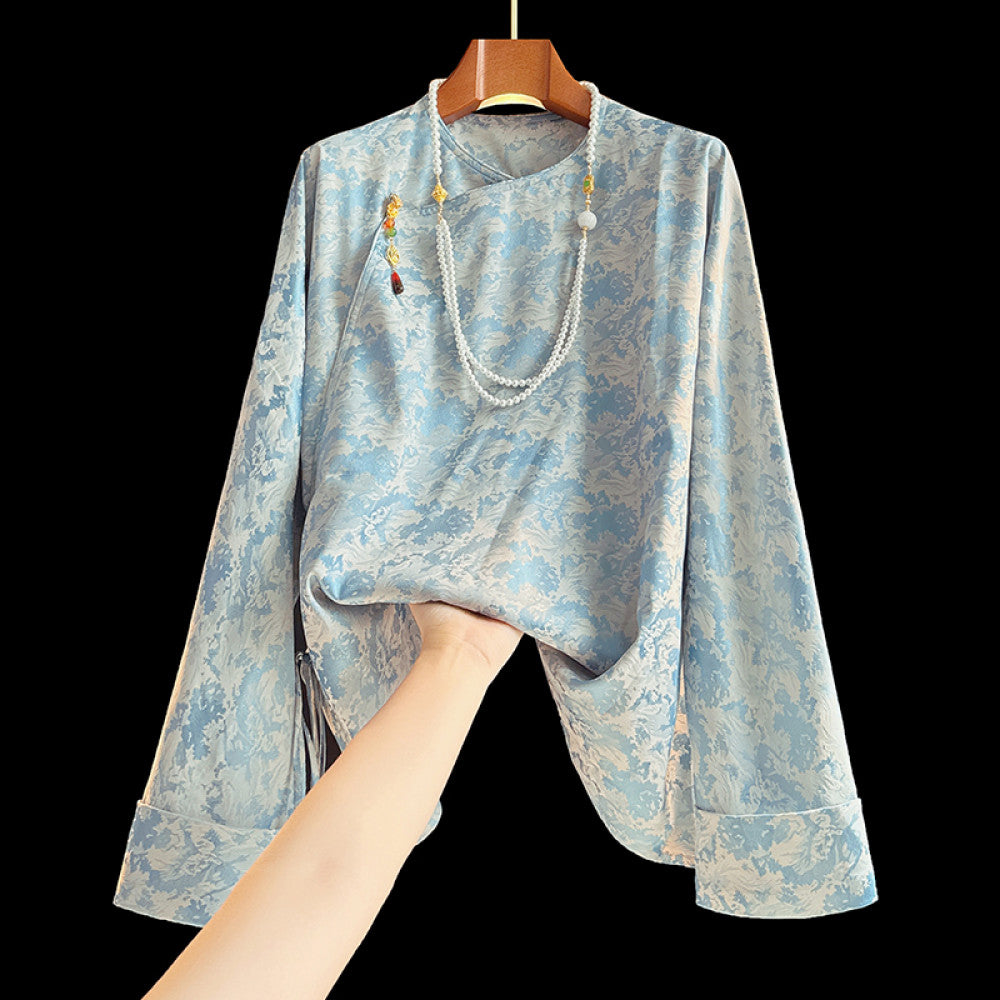 Blue trendy new Chinese style silk shirt with long sleeved women s design retro slanted collar and buckle Chinese style mulberry silk top image 24